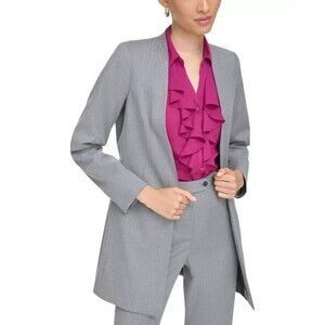Calvin Klein Women's Petite Pinstriped Formal Open-Front Blazer Workwear Gray 6P